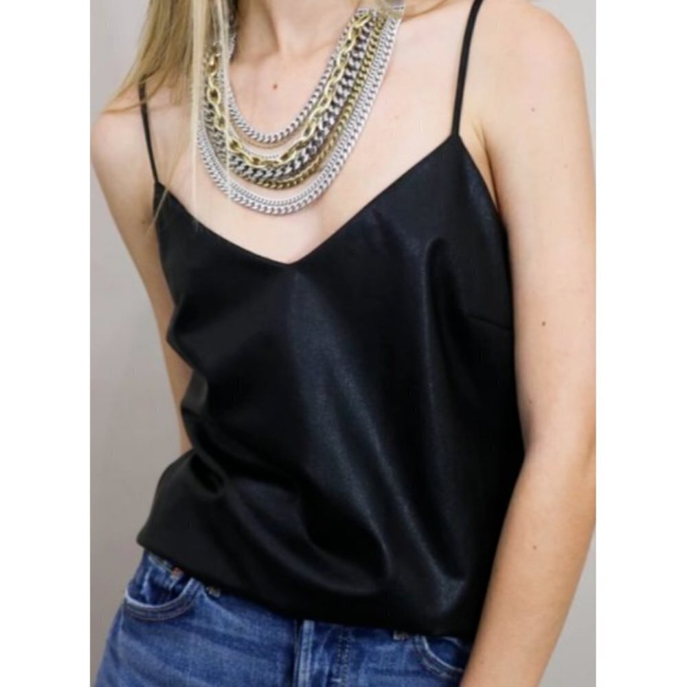 AMANDA UPRICHARD Black Faux Leather V-Neck Cami Top Size Small